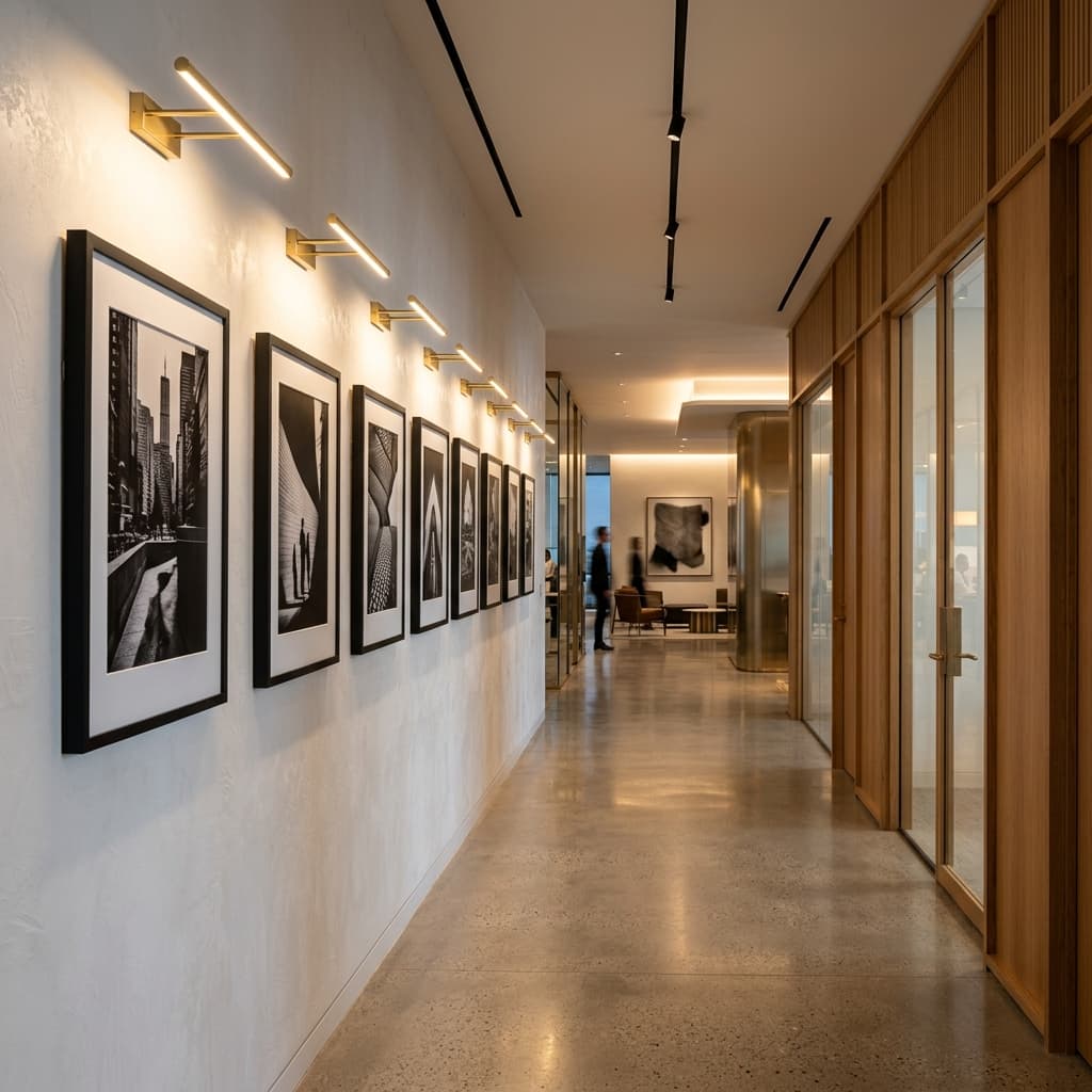 Modern workspace with walnut furniture and art pieces