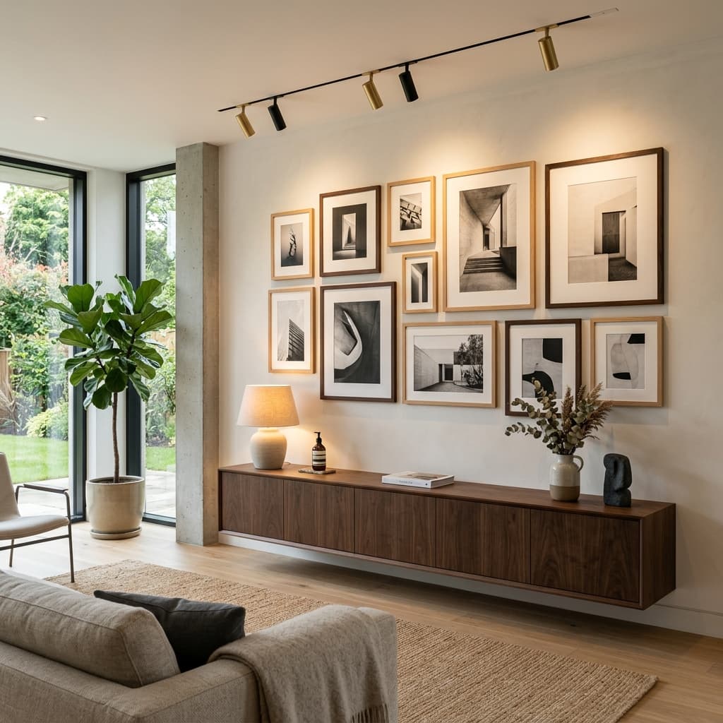 Handcrafted solid wood frames and architectural gallery wall by Cosmic Living